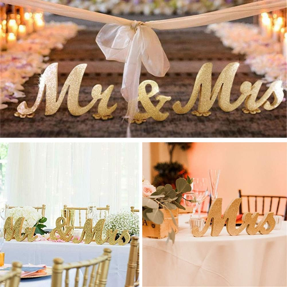 Mr & Mrs Freestanding Wooden Letters - Glitter Finish - Perfect for Sweetheart Table or Rustic Wedding Decor, Anniversary, Showers (Golden)