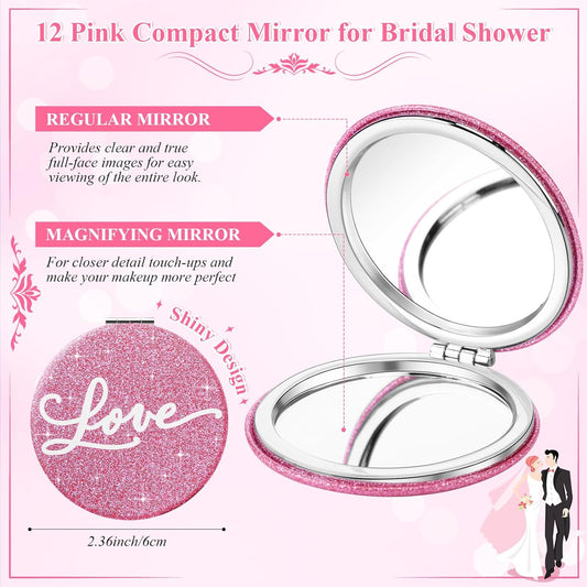 12 Sets Bridal Shower Favors for Guests 12 Pink Compact Mirror Bulk 12 Thank You Cards with Organza Bags Wedding Party Favors Bridesmaid Souvenir Gifts