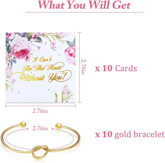 10 Pcs Knot Bracelet for Bridesmaid Proposal Gifts, Tie the Love Knot Bridesmaid Bracelet for Women Wedding Proposal Cuff Bangle with Cards(Gold)
