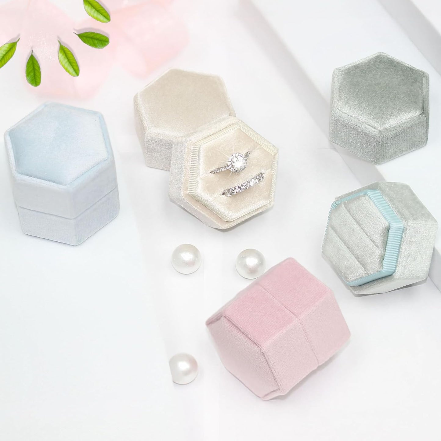 Hexagon Velvet 2 Slots Jewelry Ring Box Engagement Ring Box Wedding Day Detachable Lid for Proposal Engagement Wedding Ceremony (Ballet Pink)