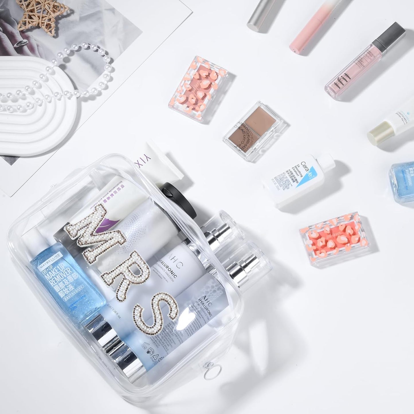 MRS Clear Cosmetic Bag, Bachelorette Gifts for Bride Makeup Bag, Portable PVC Travel Toiletry Bag Bling Pearl Rhinestone Patch Letter Bags for Engagement Party Women Wedding Bridal (Gold)