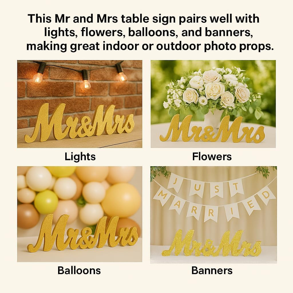 Gold Wooden Mr & Mrs Signs for Wedding Decorations - Reception & Sweetheart Table Decor