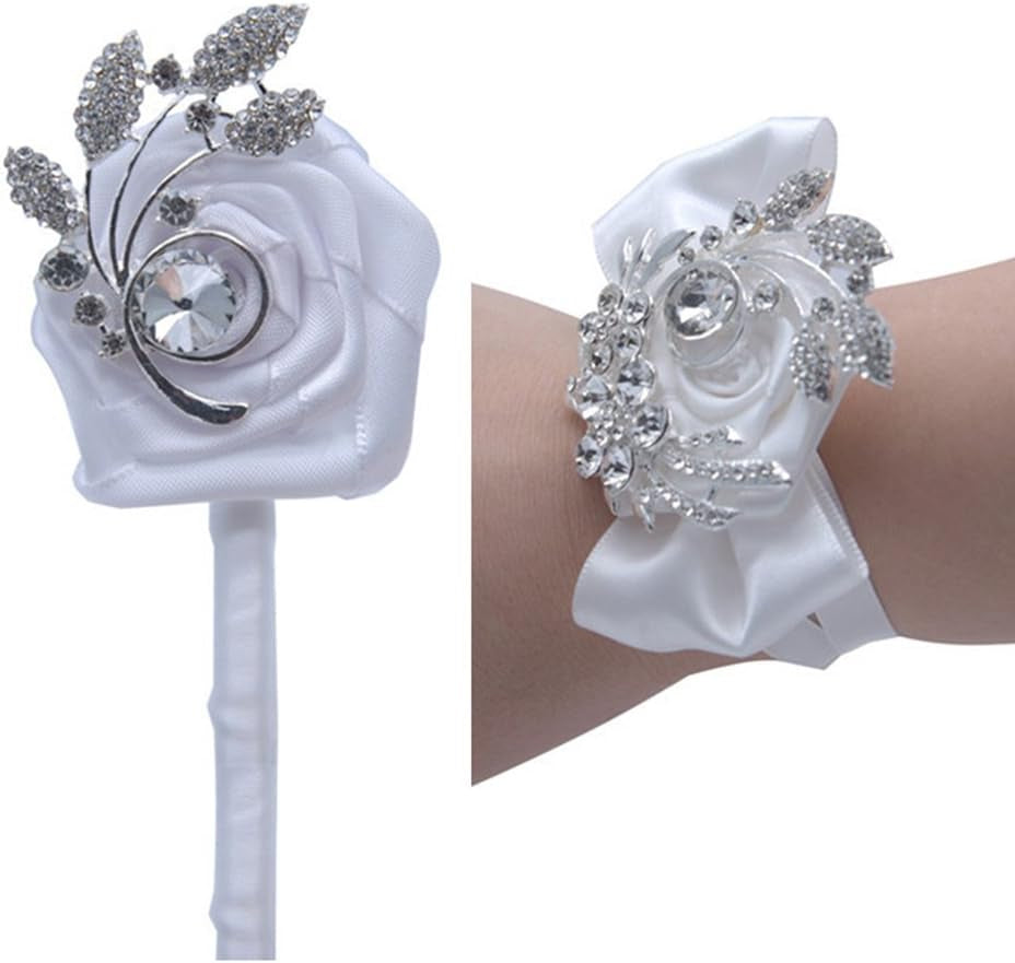 Satin Rose Rhinestone Brooches Corsage + Boutonniere Pack Wedding Bridal Bridesmaid Wrist Corsage Groom Bridegroom Boutonniere for Wedding Prom Party Homecoming (White Boutonniere)
