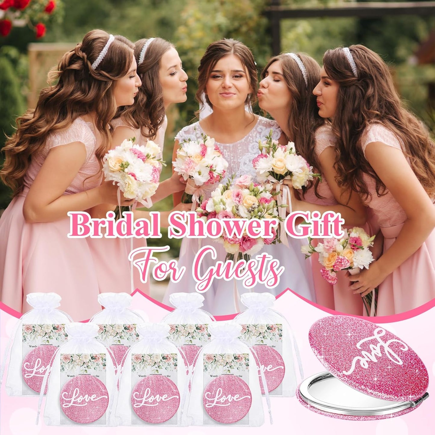 12 Sets Bridal Shower Favors for Guests 12 Pink Compact Mirror Bulk 12 Thank You Cards with Organza Bags Wedding Party Favors Bridesmaid Souvenir Gifts