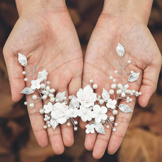 Flower Bride Wedding Hair Vine Pearl Bridal Headpiece Leaf Hair Accessories Hair Piece for Women and Girls (A Silver)