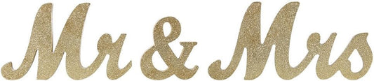 Mr & Mrs Freestanding Wooden Letters - Glitter Finish - Perfect for Sweetheart Table or Rustic Wedding Decor, Anniversary, Showers (Golden)