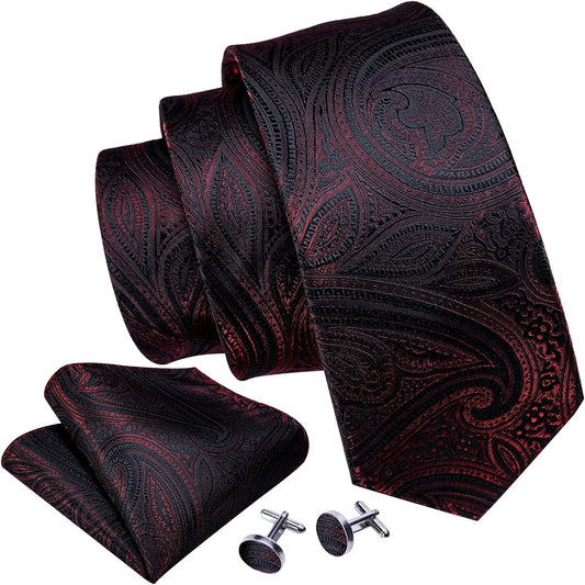 Classic Burgundy Flower Man Tie Set Wedding Necktie Pocket Square Cufflinks Ceremony