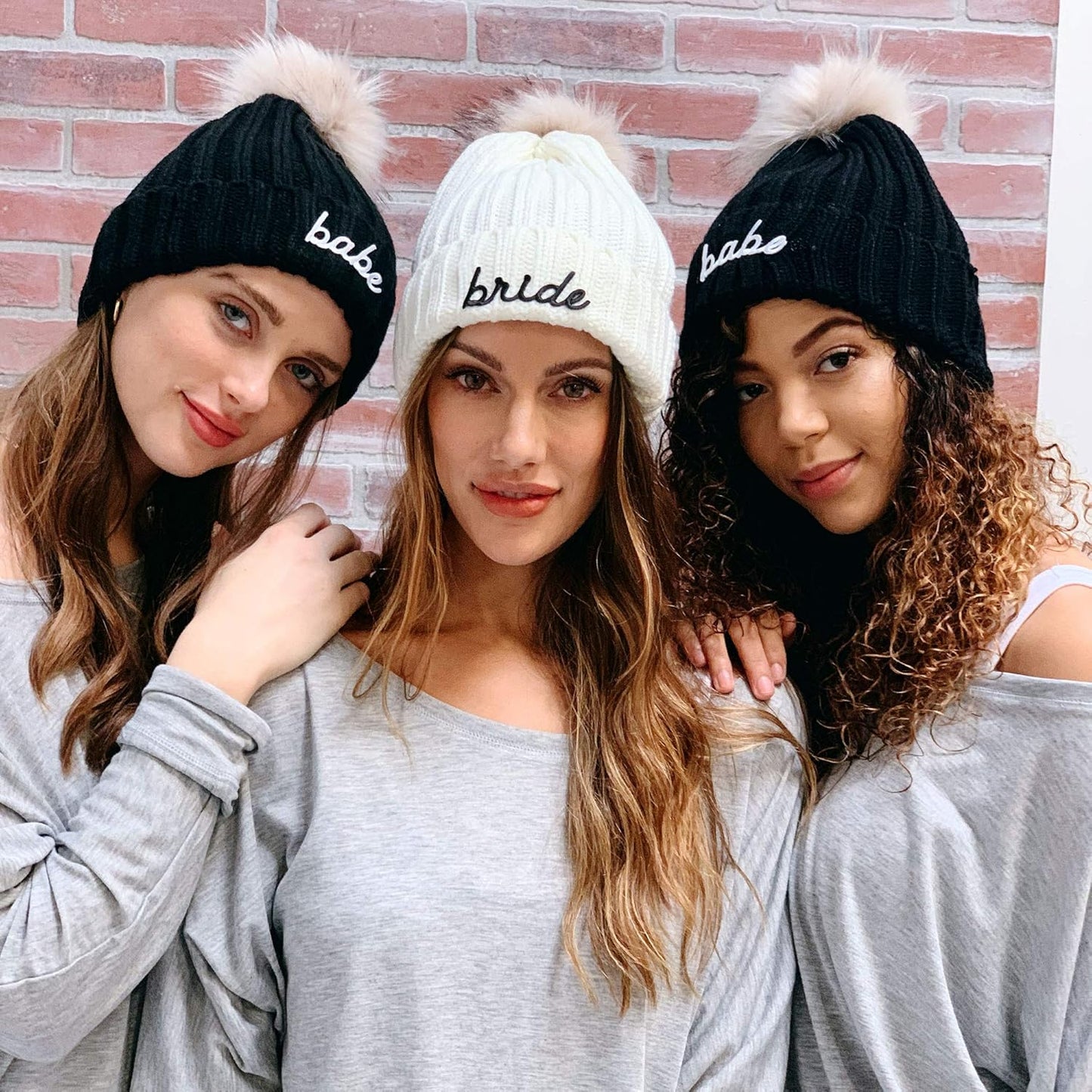 Bride & Bridesmaid Beanie Hats Knitted with Faux Fur Pom Poms for Women Winter Bachelorette Parties