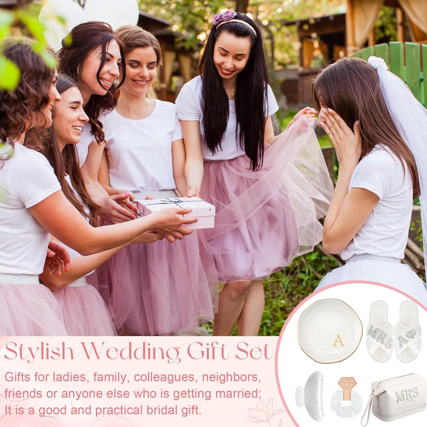 Personalized Initial Bridal Mrs Wedding Slippers Bride Wedding Ceramic Jewelry Tray Mrs White Pearl Letter Makeup Bag Claw Hair Clip Bridal Hair Tie for Women(Letter A)