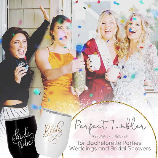 Bride & Bride Tribe Stainless Steel Wine Tumblers with Lids for Bachelorette Parties, Weddings, Bridesmaid Gifts, Reusable, 12Oz - 6 Piece Set (Black)