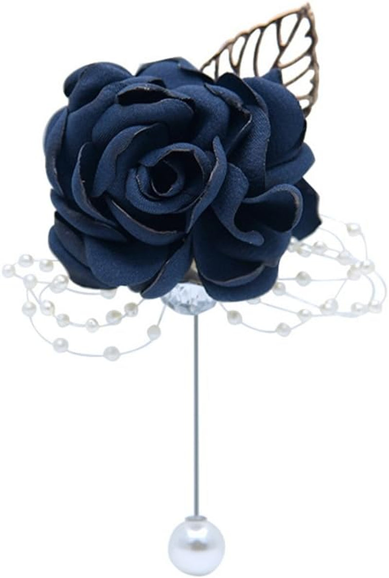 Satin Rose Men'S Boutonniere Artificial Flower for Wedding Groom Groomsmen Bridegroom for Prom Homecoming Party 2 Pcs-Navy Boutonniere
