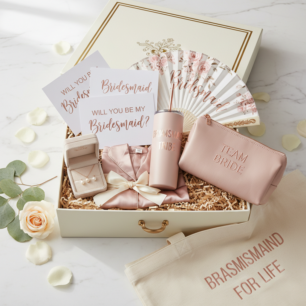 Bridesmaid Proposal Box: The perfect way to ask “Will you be part of my day?” This luxe box is crafted to honor bridesmaids, besties, MOHs, and the tribe that holds her down. Includes personalized gifts, proposal cards, pampering treats, and keepsakes they’ll actually use.
What's Inside
Bridal and Bridesmaid Proposal Cards
Custom Tumbler
Bridesmaid Apparel
Bridesmaid Fan
Jewelry & Jewelry Case
Make up Bag
Brides Maid Tote