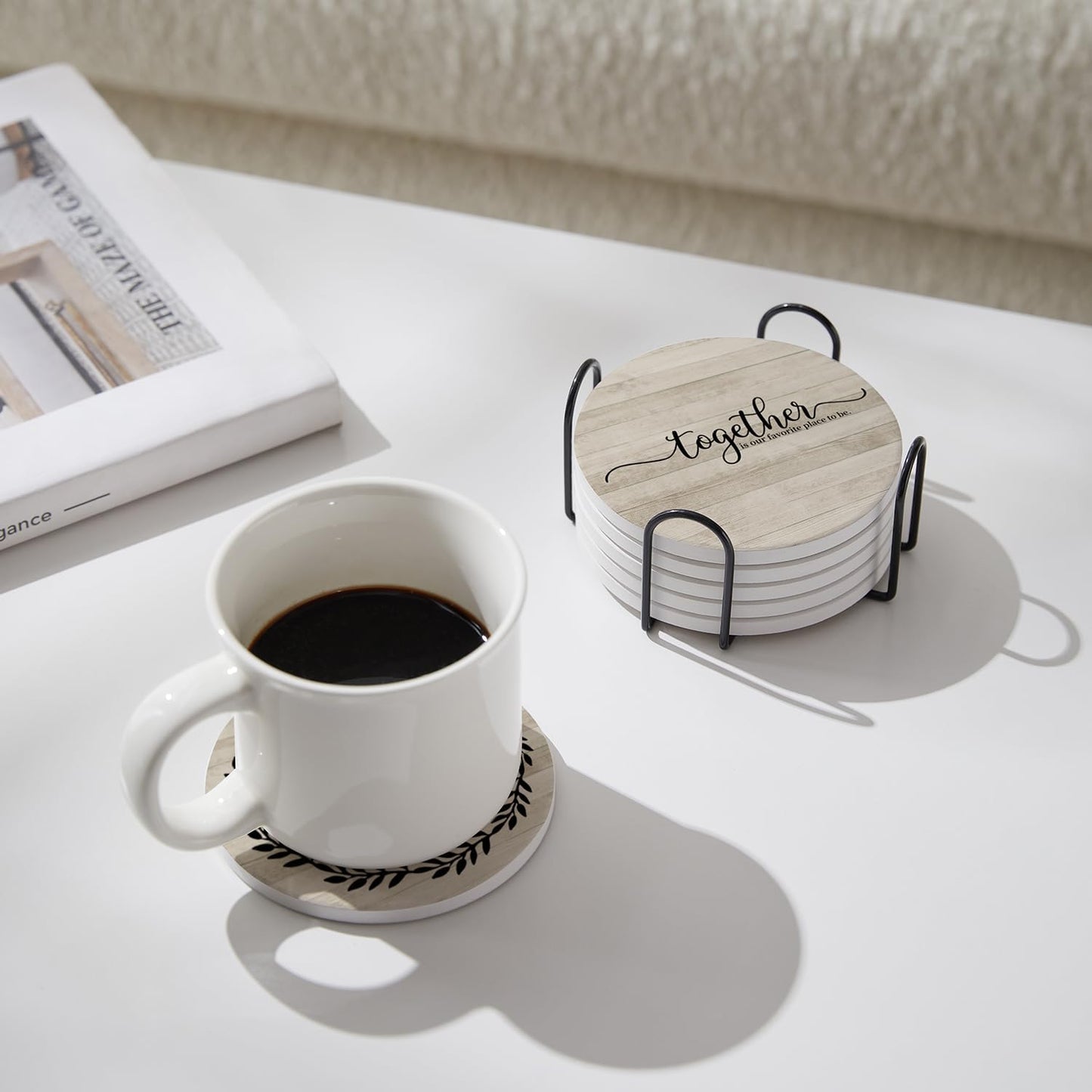 Coasters for Drinks, Set of 6 Absorbent Drink Coasters with Holder, Farmhouse Style Ceramic Drink Coasters with Cork Backing for Table Protection, Housewarming Gifts for New Home