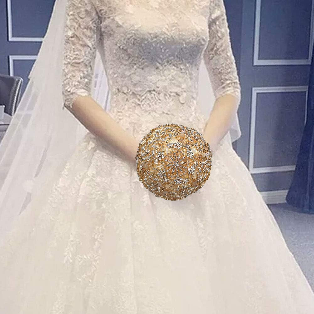 Wedding Bouquet with Golden Luxury Artificial Diamond,Set Including Bouquets, Wrist Flowers,Corsage for Your Wedding with Full Hand-Made (Gold+Ivory)