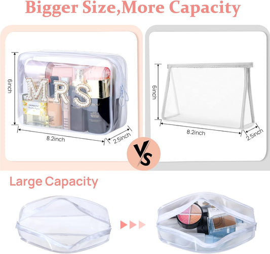 MRS Clear Cosmetic Bag, Bachelorette Gifts for Bride Makeup Bag, Portable PVC Travel Toiletry Bag Bling Pearl Rhinestone Patch Letter Bags for Engagement Party Women Wedding Bridal (Gold)