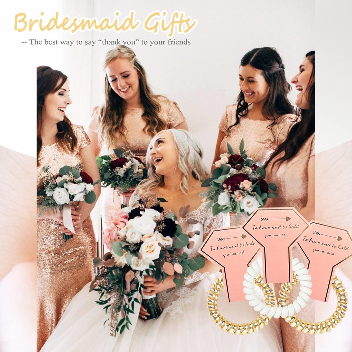 8Pcs Spiral Hair Ties, Bridesmaid Hair Ties, Bachelorette Party Favors, Bridesmaid Proposal Gifts for Wedding/Bridal Party (Champagne & White)