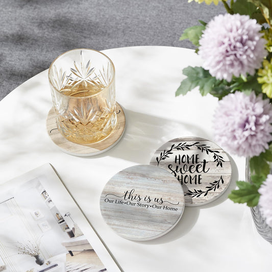 Coasters for Drinks, Set of 6 Absorbent Drink Coasters with Holder, Farmhouse Style Ceramic Drink Coasters with Cork Backing for Table Protection, Housewarming Gifts for New Home
