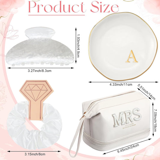 Personalized Initial Bridal Mrs Wedding Slippers Bride Wedding Ceramic Jewelry Tray Mrs White Pearl Letter Makeup Bag Claw Hair Clip Bridal Hair Tie for Women(Letter A)