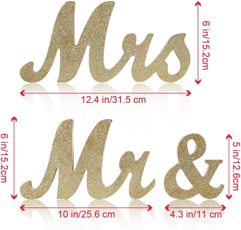 Mr & Mrs Freestanding Wooden Letters - Glitter Finish - Perfect for Sweetheart Table or Rustic Wedding Decor, Anniversary, Showers (Golden)