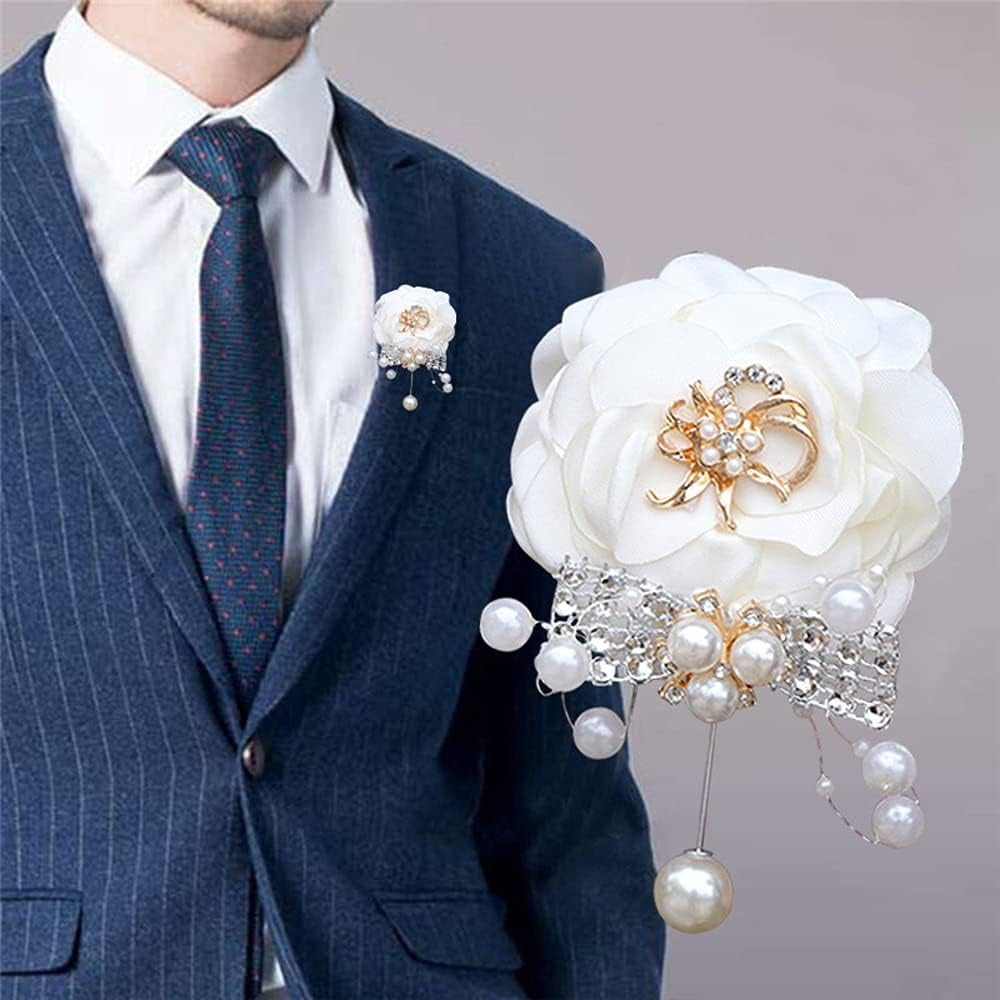 Handmade Artificial Rose Wrist Corsage and Boutonniere Set for Men White Wedding Flowers Accessories Party Prom Suit Decorations (White)