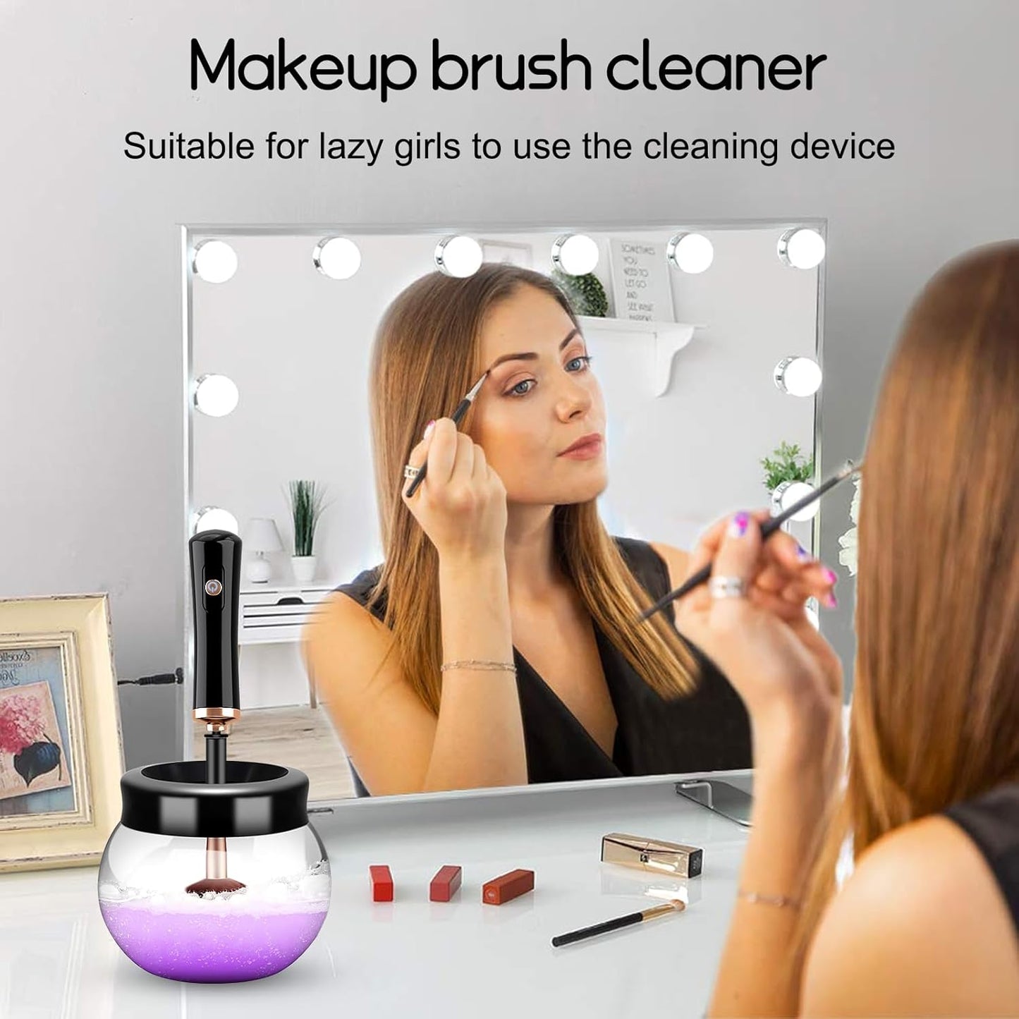 Pro 2019 Upgraded Electric Makeup Brush Cleaner and Dryer, Automatic Brush Spinner for All Brushes,Wash and Dry in Seconds,With 8 Size Rubber Collars
