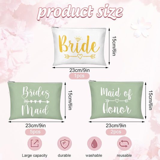 8Pcs Bridesmaids Makeup Bags Wedding Bridal Cosmetic Canvas Organizer Bag Sage Green Maid of Honor Zipper Cosmetic Pouch for Women Wedding Bridal Shower Party Favor Supplies