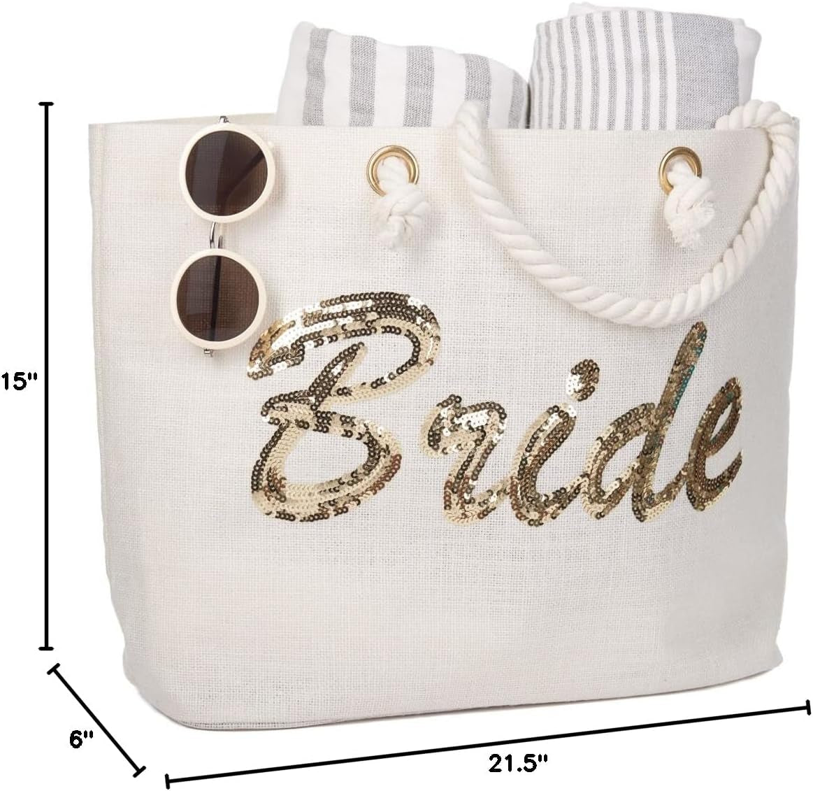 Bride Tote Bag, Jute Silver Sequin Interior Pocket, Wedding Party Honeymoon Gifts for Her
