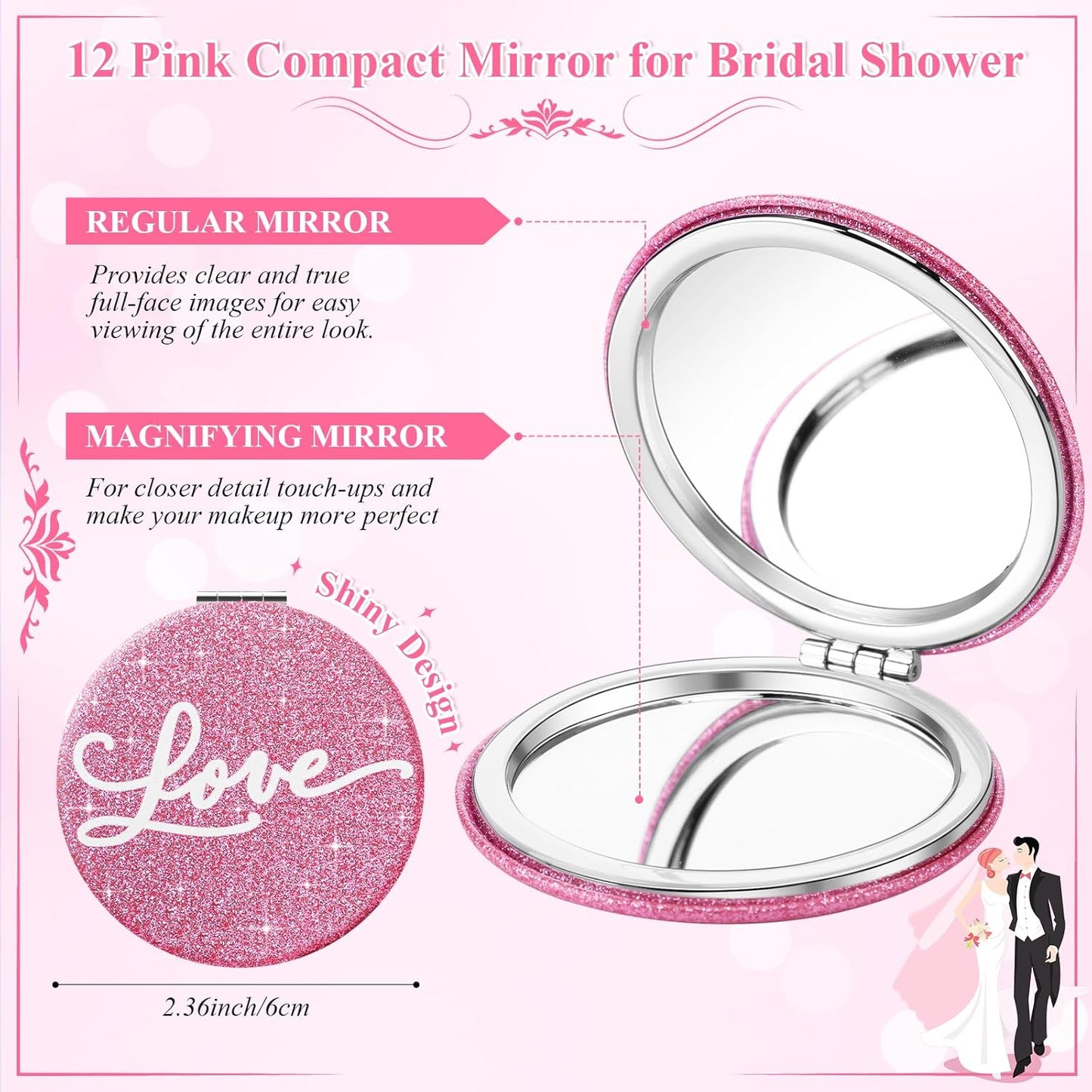 12 Sets Bridal Shower Favors for Guests 12 Pink Compact Mirror Bulk 12 Thank You Cards with Organza Bags Wedding Party Favors Bridesmaid Souvenir Gifts
