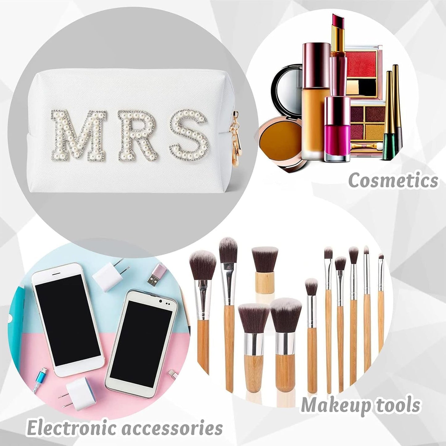 Bride Makeup Bag,Bride Bag MRS White Makeup Bag,Pearl Letter Patch Cosmetic Bag,Toiletry Bag Skincare Bag PU Leather Makeup Bag Zipper Purse,Bride to Be Gifts,Bride Gifts,Engagement Gifts for Women