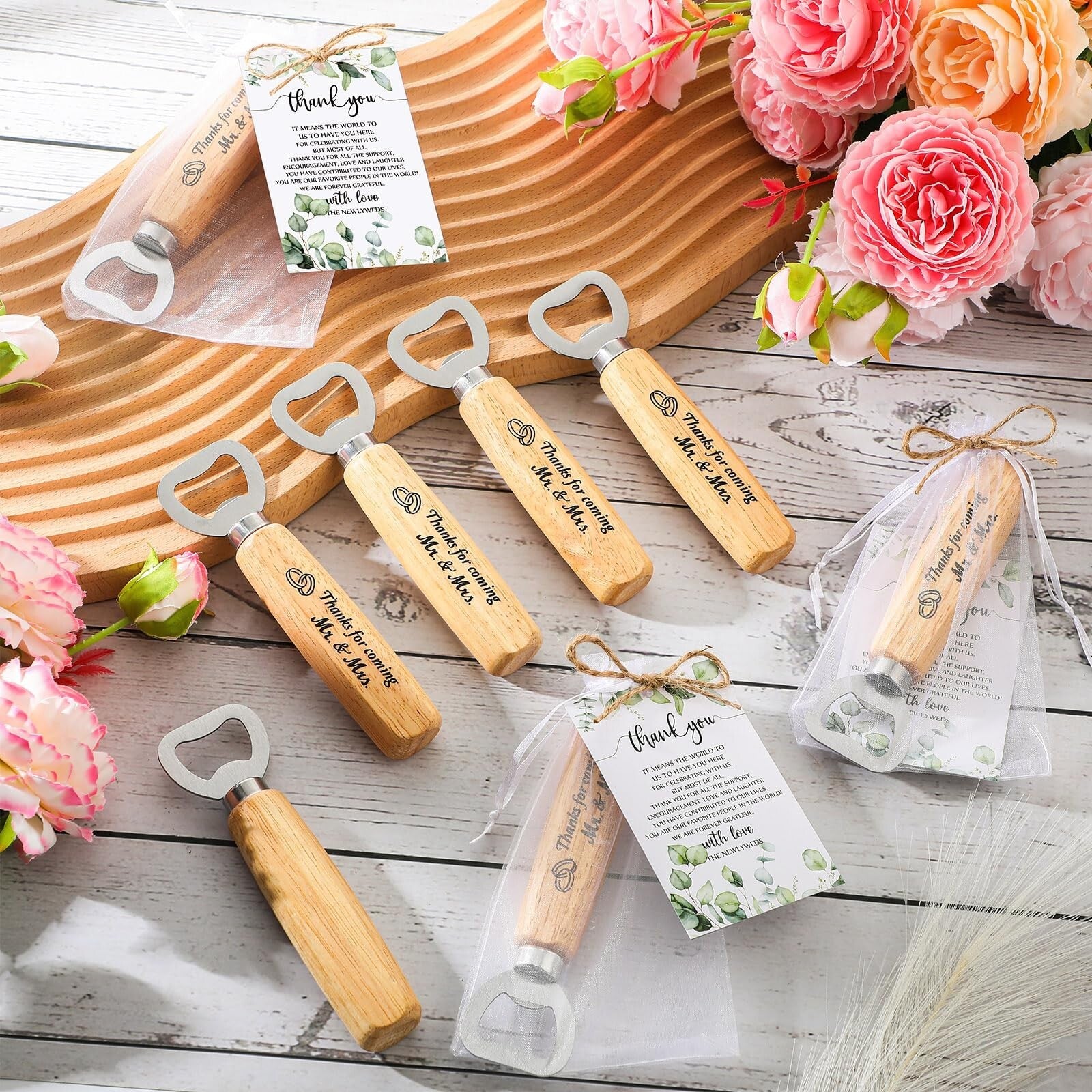 50 Set Wedding Favors for Guests Bulk Bartender Bottle Opener Beer Wooden Bot...