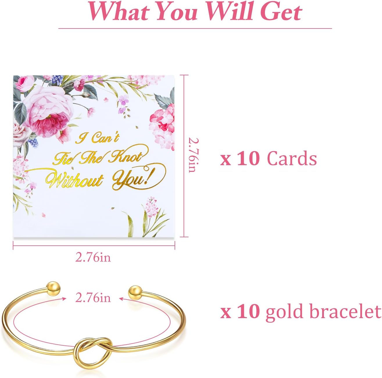10 Pcs Knot Bracelet for Bridesmaid Proposal Gifts, Tie the Love Knot Bridesmaid Bracelet for Women Wedding Proposal Cuff Bangle with Cards(Gold)