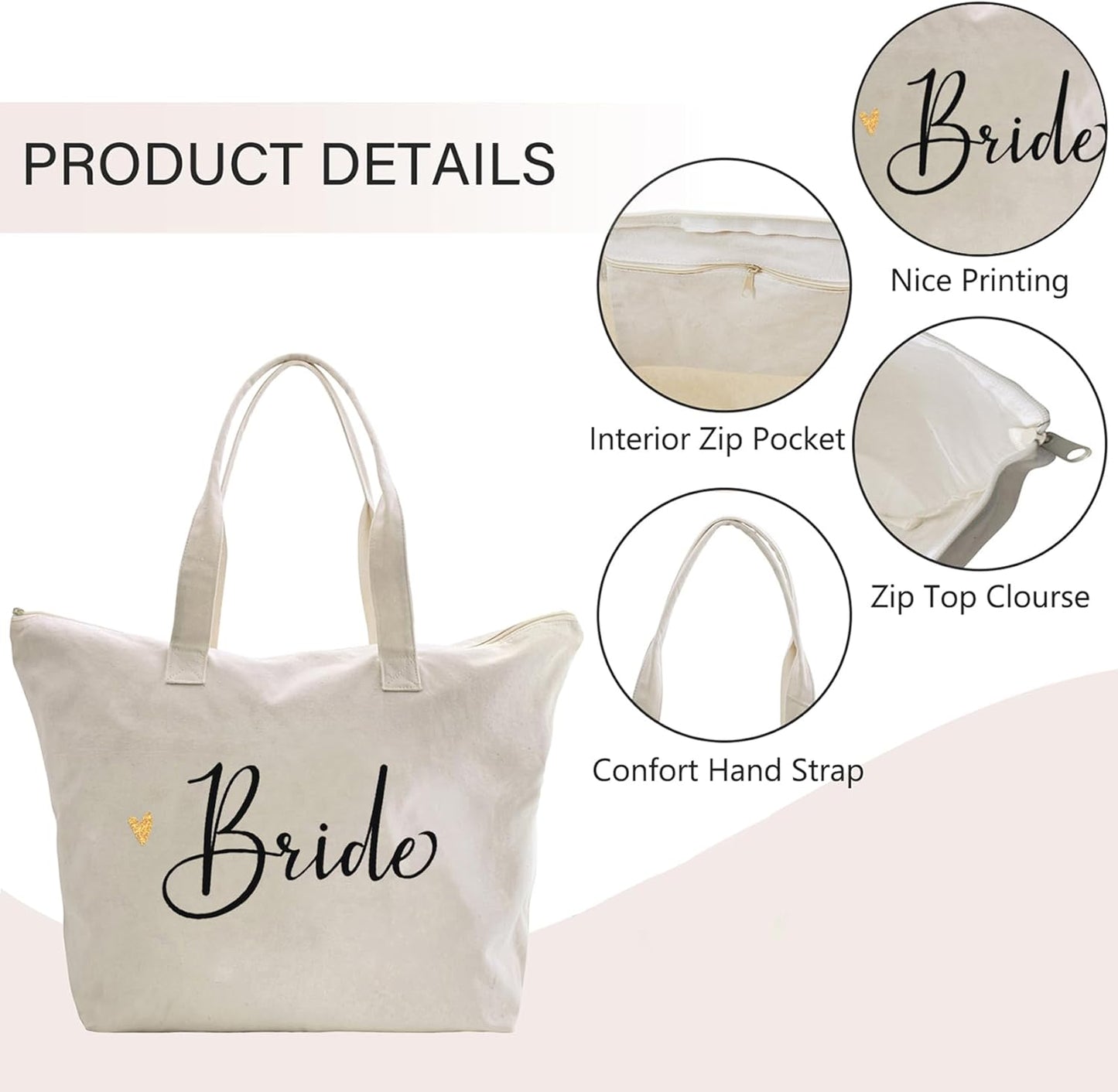 Bride Gifts Bride Bag for Wedding Bachelorette Engagement Party Accessories Bridal Shower Gifts Cotton Beach Canvas Tote Shoulder Bag with Zipper and Pocket