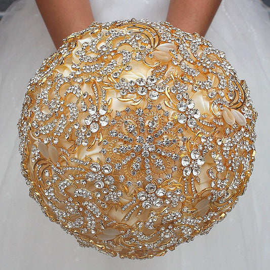 Wedding Bouquet with Golden Luxury Artificial Diamond,Set Including Bouquets, Wrist Flowers,Corsage for Your Wedding with Full Hand-Made (Gold+Ivory)