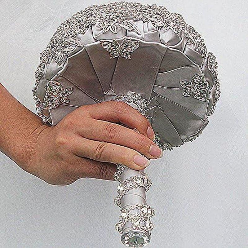 Wedding Bouquet Luxury Artifical Diamond Wedding Bouquet Set Including Bouquets, Wrist Flowers,Corsage,Handmade with Shimmering Diamonds for Elegant Bridal (Silver+Gray)
