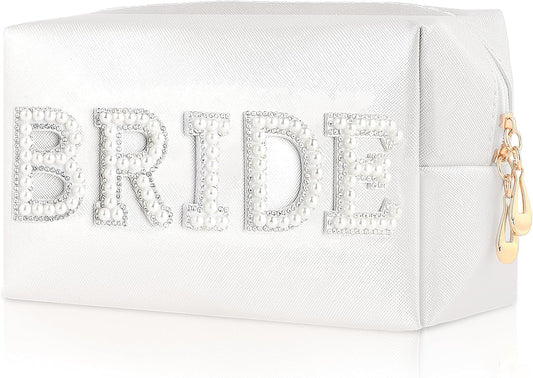 Bride Letter Makeup Bag Pearl Patch Bride Cosmetic Bag Rhinestone Travel Toiletry Bag Waterproof Zipper Purse for Bachelorette Party Women Wedding Bridal Bridesmaid Gifts Engagement Gift