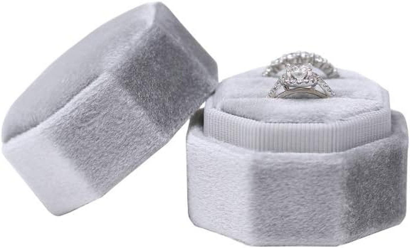 Velvet 2 Slots Jewelry Ring Box Engagement Wedding Box Keepsake Box Bridal Photo Ring Double Slots Octagon (Grey)