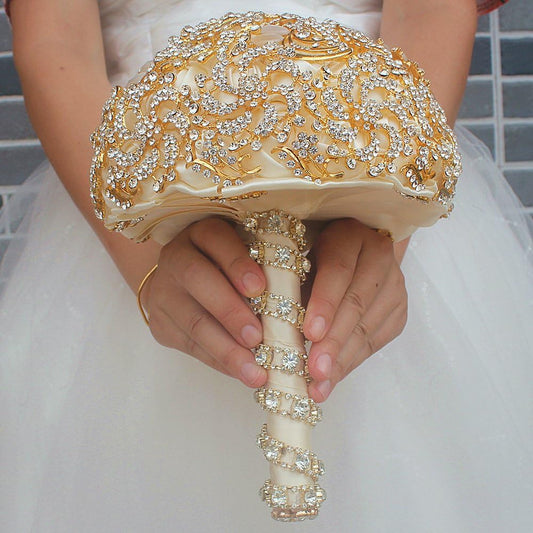 Wedding Bouquet with Golden Luxury Artificial Diamond,Set Including Bouquets, Wrist Flowers,Corsage for Your Wedding with Full Hand-Made (Gold+Ivory)