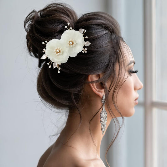 2PCS Bridal Hair Clips, Flower Hair Clips with Pearl, Wedding Hair Pin Comb Accessories for Bride Girls Women(Gold)