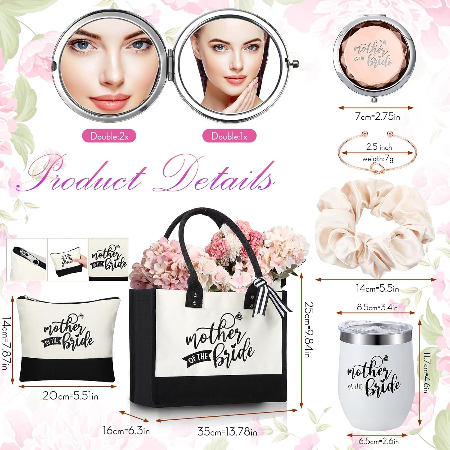 14 Pcs Mother of the Bride and Groom Gifts Set Wedding Satin Robe Canvas Tote Bag with Makeup Bag 12 Oz Tumbler Cup Small Makeup Mirror Scrunchies Knot Bracelet Wedding Gift for Mom(Champagne)