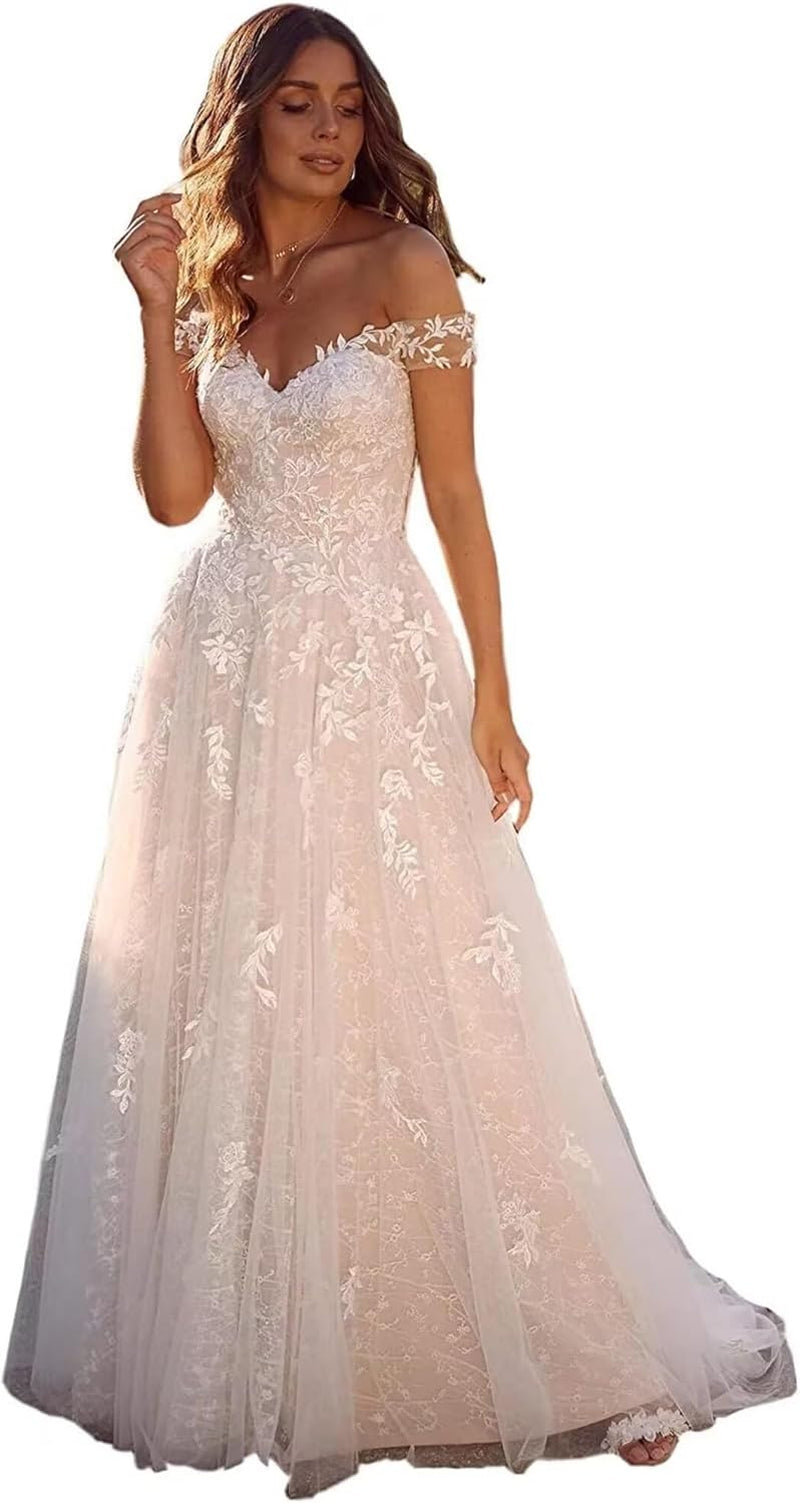 Long Sleeves Wedding Dresses for Bride 2025 Boho Beach A-Line Appliques Lace Bridal Ball Gowns with Train