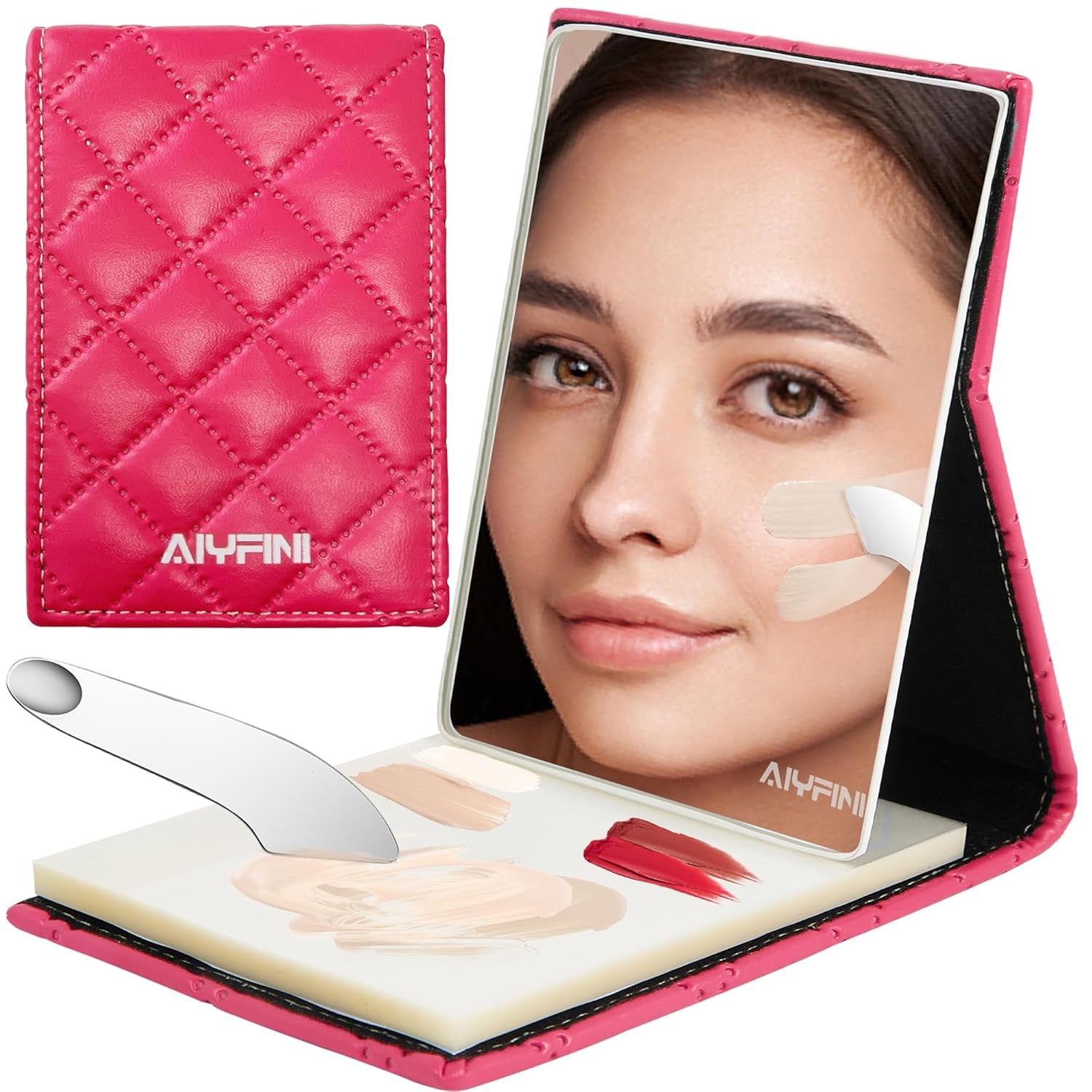 Pocket Makeup Palette Mirror for Purse - 100 Disposable Sheets & Spatula, Small Travel Toiletry Essentials, Handheld Foundation/Lip/Nail Color Mixing Tray, Makeup Artist and Enthusiasts Gift