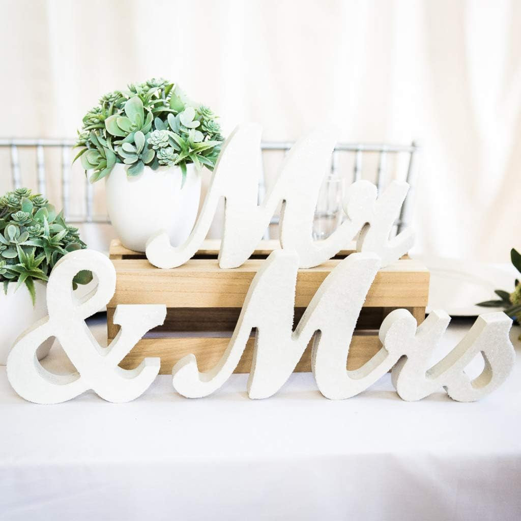 Mr & Mrs Signs Rustic Wooden Freestanding Letters for Photo Props, Anniversary & Wedding Shower Gift (White)