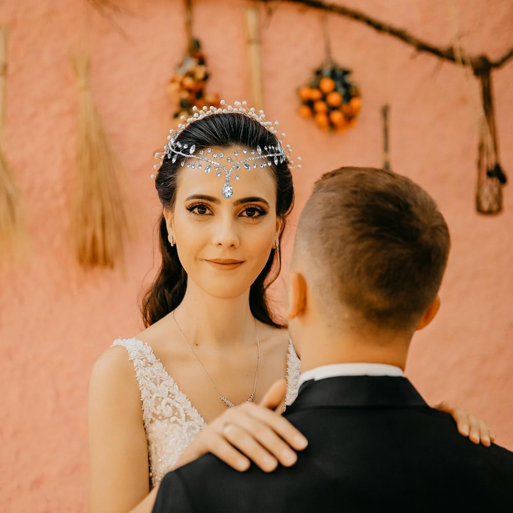 Wedding Hair Accessories for Brides, Rhinestone Forehead Headpiece, Rhinestone Bridal Headband Bridal Headpieces for Wedding (Silver)