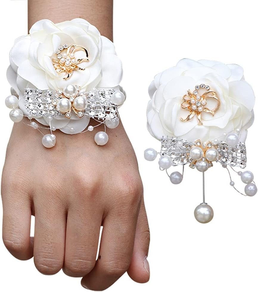Handmade Artificial Rose Wrist Corsage and Boutonniere Set for Men White Wedding Flowers Accessories Party Prom Suit Decorations (White)