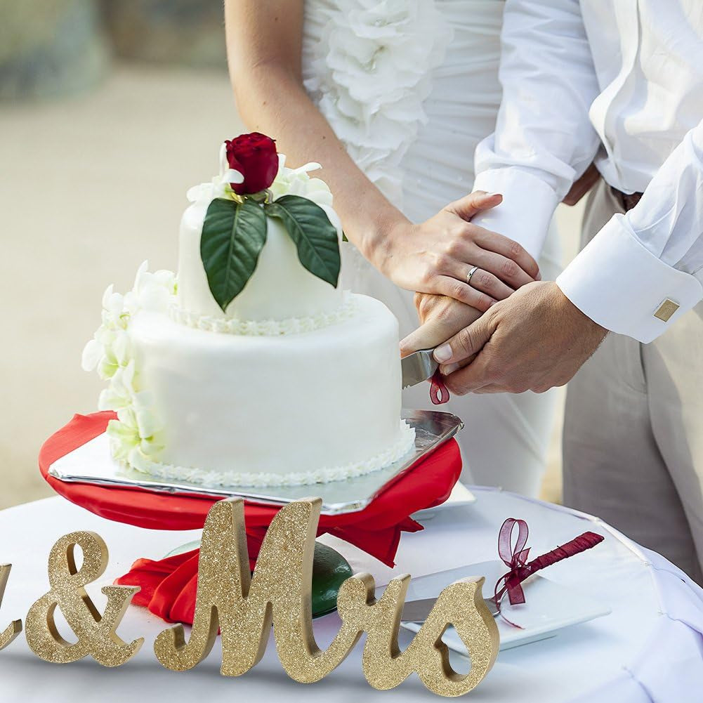 Mr & Mrs Freestanding Wooden Letters - Glitter Finish - Perfect for Sweetheart Table or Rustic Wedding Decor, Anniversary, Showers (Golden)