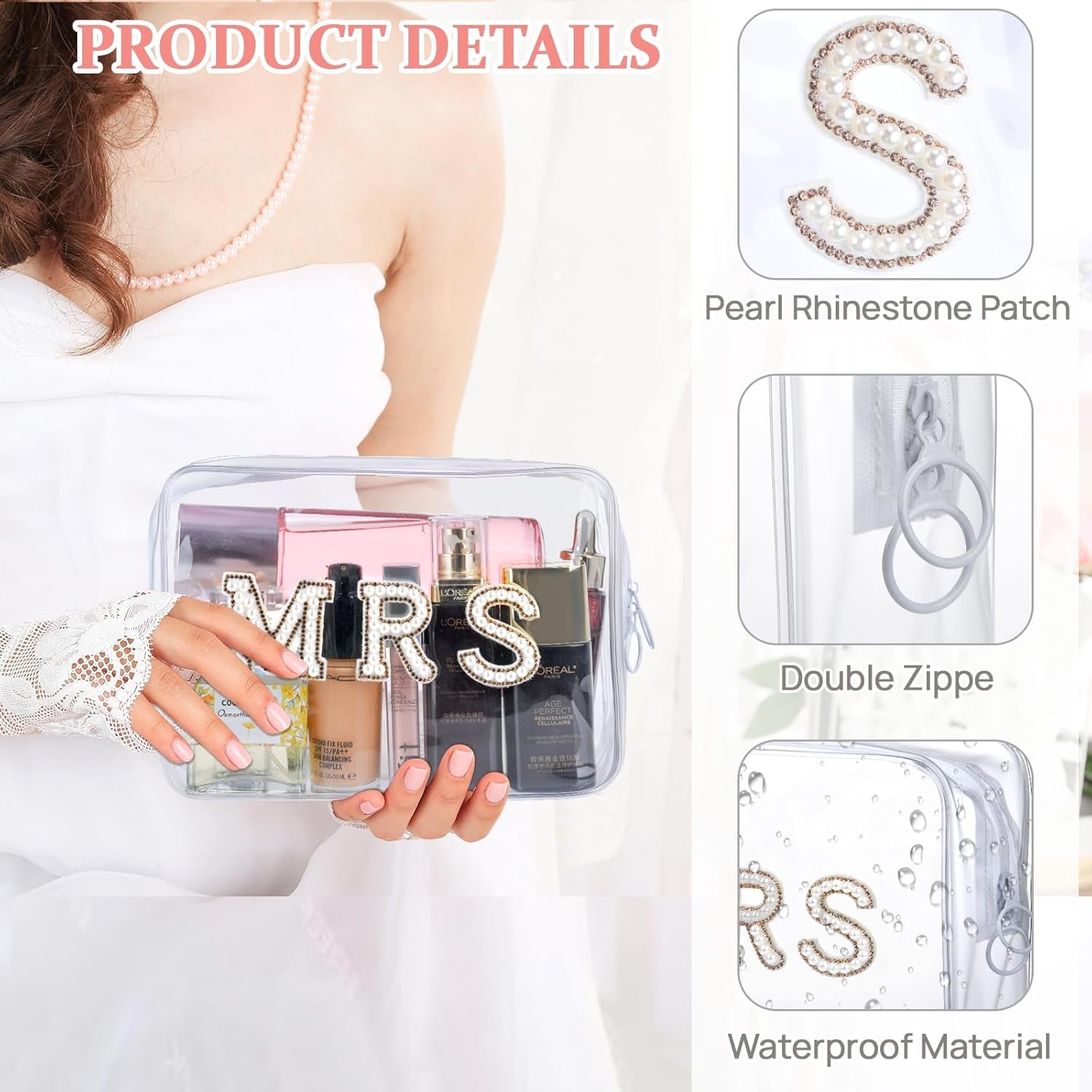 MRS Clear Cosmetic Bag, Bachelorette Gifts for Bride Makeup Bag, Portable PVC Travel Toiletry Bag Bling Pearl Rhinestone Patch Letter Bags for Engagement Party Women Wedding Bridal (Gold)