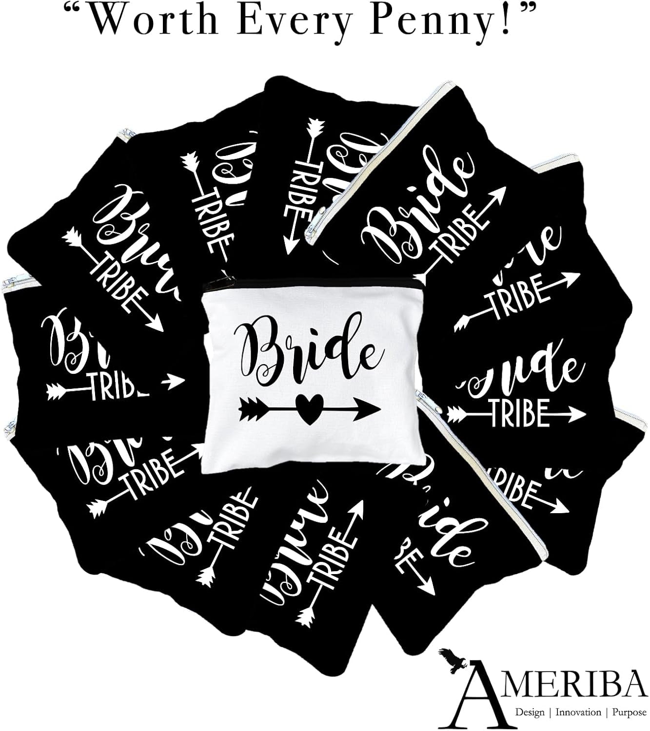 12 PACK SET + 1 BRIDE BAG Premium Natural Cotton Canvas Makeup Bag- Bridesmaids Gifts for the Bachelorette Party or Bridal Shower