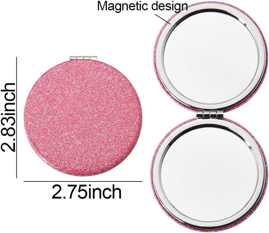 Small Compact Mirror Pink Glitter Makeup Mirror Pocket Mirror for Women Double Sided round Mirror Portable Hand Mirror Folding Compact Mirror for Purses Pocket Mirrors for Women Girls