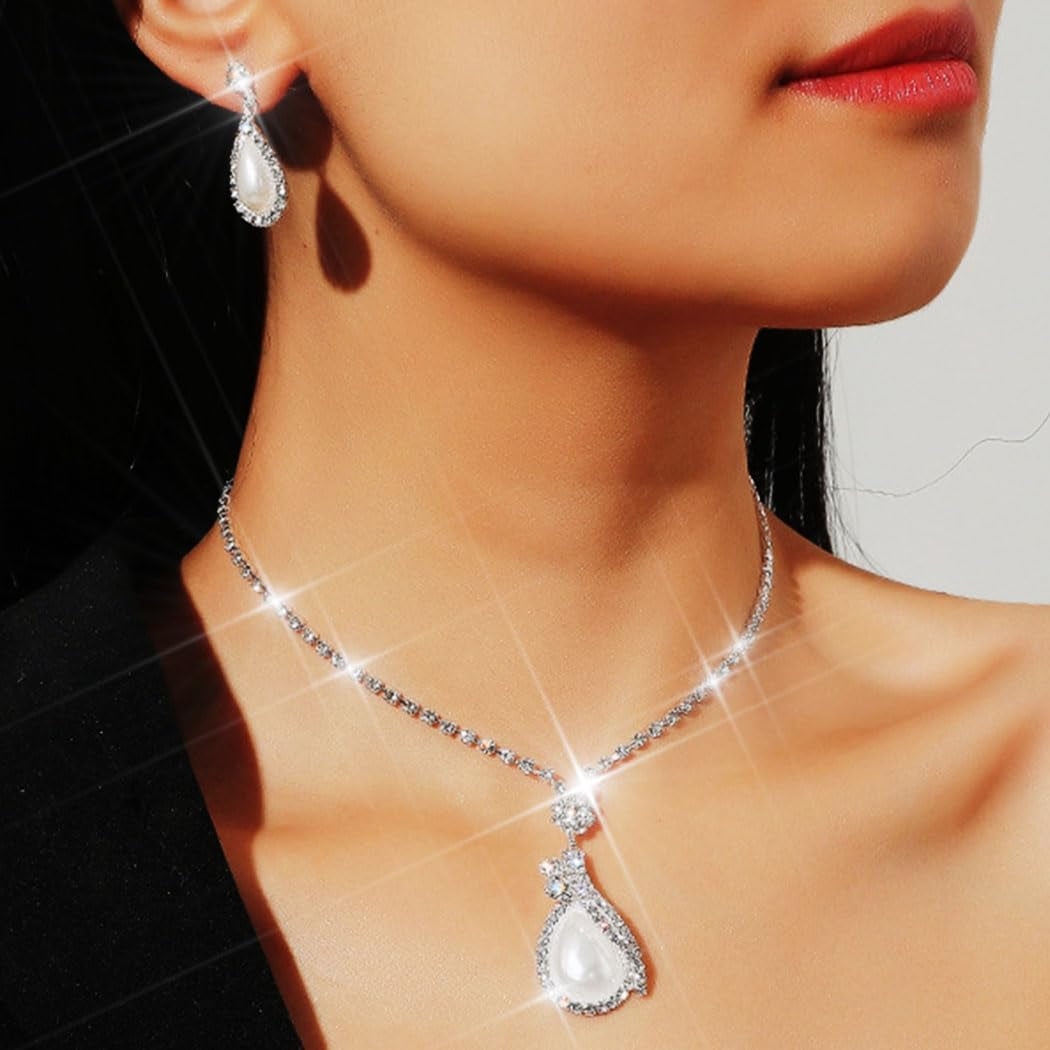 Bride Silver Necklace Earrings Set Crystal Bridal Wedding Jewelry Sets Rhinestone Choker Necklace for Women and Girls