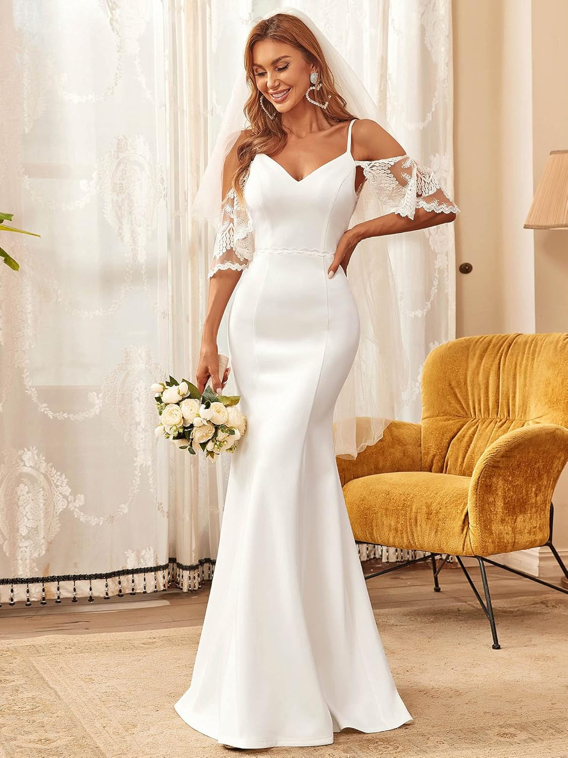 Women'S Adjustable Spaghetti Straps Lace Wedding Dress for Bride White US6
